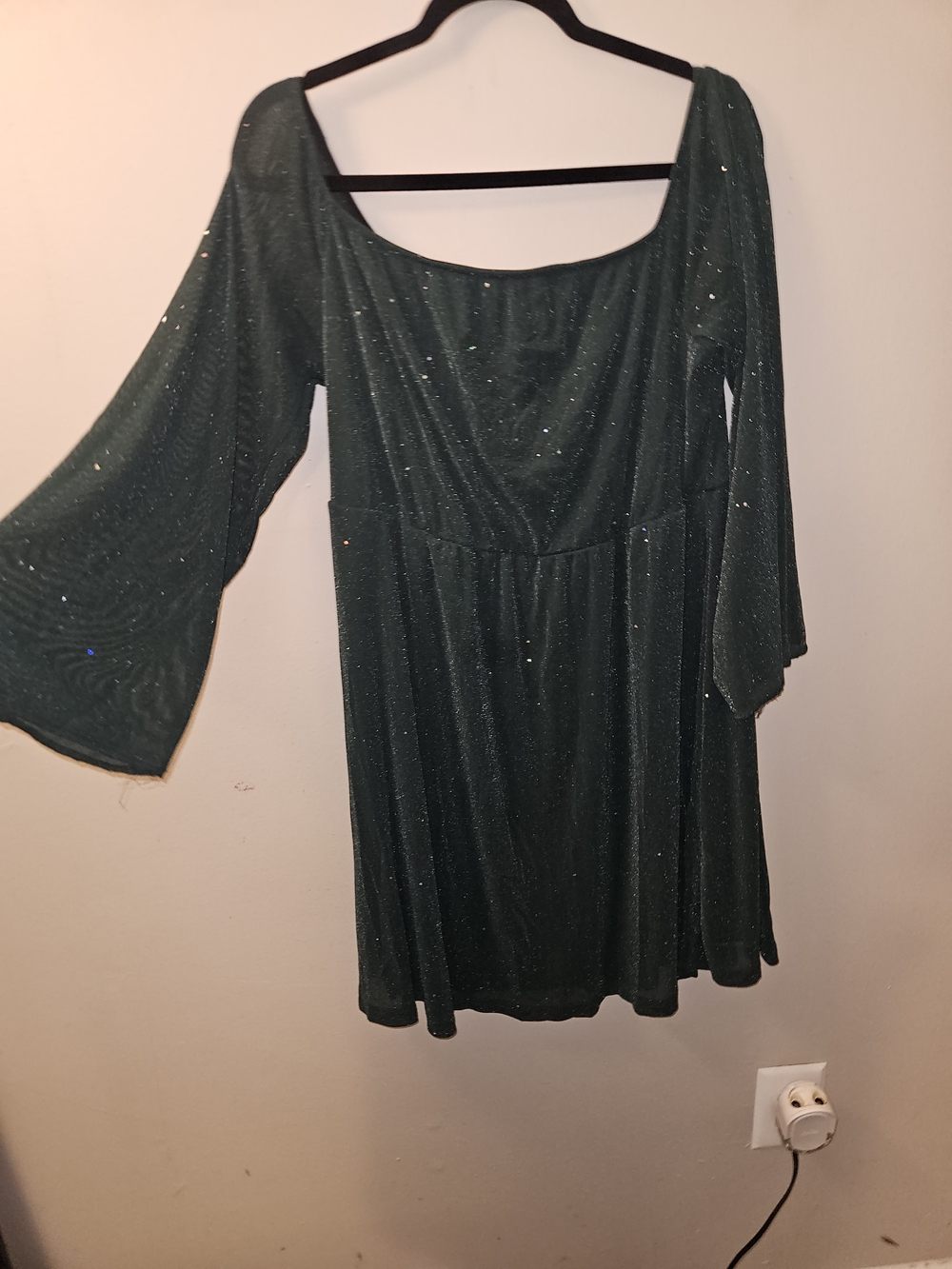 SHEIN Curve 2X Dark Green Sparkle Bell Sleeve Party Dress